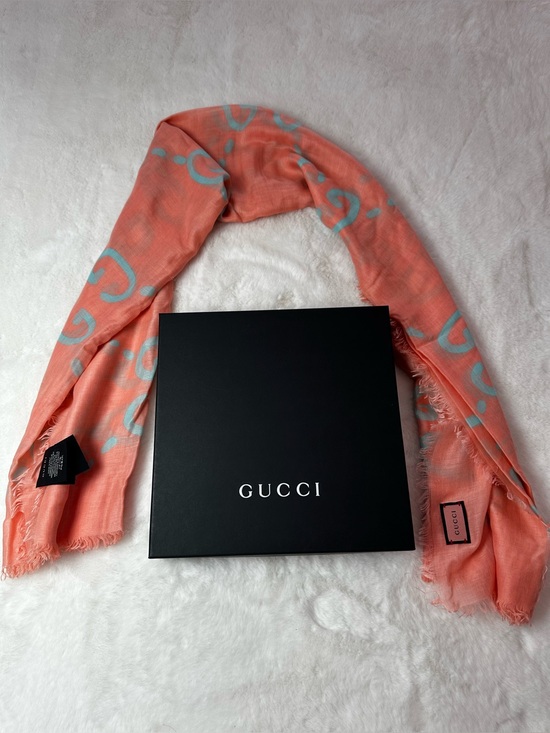 Gucci Accessories - Gucci Coral Scarf with Light Blue Logo Motif